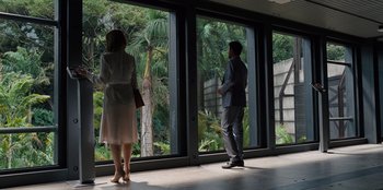 A man and a woman looking out of a large window