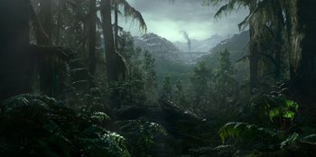 Movie still from “Jurassic World Dominion” (2022), directed by Colin Trevorrow – An image of an outdoor scene with trees in the background; Extreme Wide shot, High angle