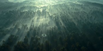 Movie still from “Jurassic World Dominion” (2022), directed by Colin Trevorrow – An aerial view of a forest with sun shining through the trees; Extreme Wide shot, High angle