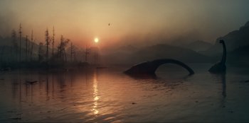 Movie still from “Jurassic World Dominion” (2022), directed by Colin Trevorrow – An image of an animal swimming in the water at sunset; Extreme Wide shot, Low angle