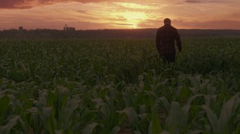 Movie still from “Justice League” (2017), directed by Zack Snyder – A man standing in a corn field at sunset; Extreme Wide shot, Low angle