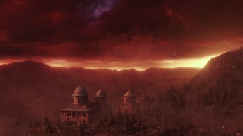 Movie still from “Justice League” (2017), directed by Zack Snyder – An image of an image of a castle in the middle of the night; Extreme Wide shot, High angle