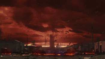 Movie still from “Justice League” (2017), directed by Zack Snyder – An image of an explosion in the sky; Extreme Wide shot, Low angle