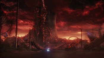 Movie still from “Justice League” (2017), directed by Zack Snyder – An image of an apocalyptic scene with a car going through the ruins; Extreme Wide shot, High angle
