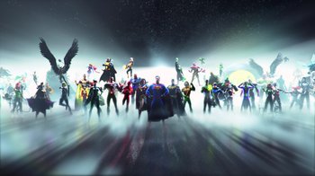 Movie still from “Justice League Dark: Apokolips War” (2020), directed by Christina Sotta – A group of people that are standing in the dark; Extreme Wide shot, High angle