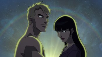 Movie still from “Justice League Dark: Apokolips War” (2020), directed by Christina Sotta – A man and a woman standing next to each other; Medium shot, Low angle