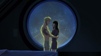 Movie still from “Justice League Dark: Apokolips War” (2020), directed by Christina Sotta – A man and a woman standing next to each other in front of a window; Wide shot, Low angle