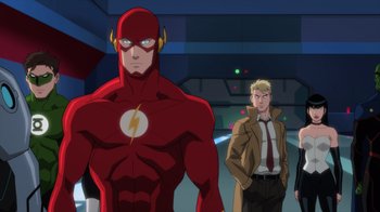 Movie still from “Justice League Dark: Apokolips War” (2020), directed by Christina Sotta – A man and a woman standing next to each other; Medium shot, Over the shoulder angle