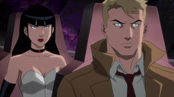 Movie still from “Justice League Dark: Apokolips War” (2020), directed by Christina Sotta – A man and a woman are standing next to each other; Medium shot, Over the shoulder angle