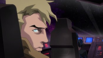 Movie still from “Justice League Dark: Apokolips War” (2020), directed by Christina Sotta – A man's face in front of a space background; Close Up shot, Over the shoulder angle