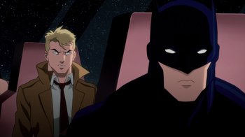 Movie still from “Justice League Dark: Apokolips War” (2020), directed by Christina Sotta – A man and a woman in a batman animated movie; Medium shot, Over the shoulder angle