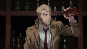 Movie still from “Justice League Dark: Apokolips War” (2020), directed by Christina Sotta – A man in a brown jacket and a red neck tie; Close Up shot, High angle