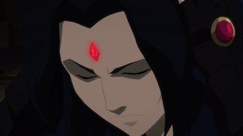 Movie still from “Justice League Dark: Apokolips War” (2020), directed by Christina Sotta – A woman with a red diamond on her forehead; Close Up shot, Low angle