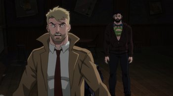 Movie still from “Justice League Dark: Apokolips War” (2020), directed by Christina Sotta – Two men are standing next to each other in a room; Medium shot, Over the shoulder angle