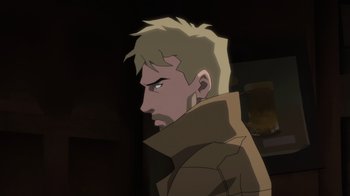 Movie still from “Justice League Dark: Apokolips War” (2020), directed by Christina Sotta – A person wearing a trench coat; Close Up shot, Over the shoulder angle