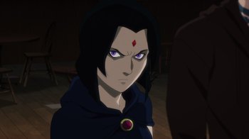 Movie still from “Justice League Dark: Apokolips War” (2020), directed by Christina Sotta – A person wearing a hood with a red ring on it's forehead; Close Up shot, Over the shoulder angle