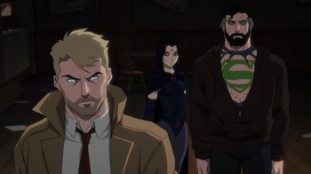 Movie still from “Justice League Dark: Apokolips War” (2020), directed by Christina Sotta – A group of men standing next to each other; Medium shot, Over the shoulder angle