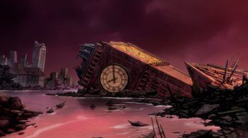 Movie still from “Justice League Dark: Apokolips War” (2020), directed by Christina Sotta – A clock sitting on the side of a building in the middle of the ocean; Extreme Wide shot, Low angle