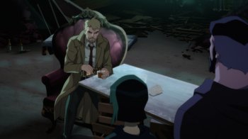 Movie still from “Justice League Dark: Apokolips War” (2020), directed by Christina Sotta – A man sitting at a table with a cup in his hand; Wide shot, High angle