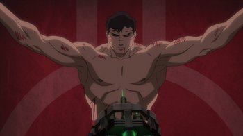 Movie still from “Justice League Dark: Apokolips War” (2020), directed by Christina Sotta – A man with no shirt and no shirt is standing up; Medium shot, Low angle