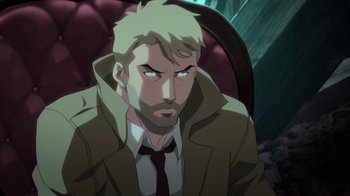 Movie still from “Justice League Dark: Apokolips War” (2020), directed by Christina Sotta – A man with blonde hair wearing a suit and tie; Close Up shot, High angle