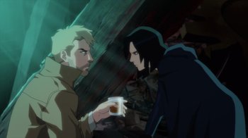 Movie still from “Justice League Dark: Apokolips War” (2020), directed by Christina Sotta – Two people are drinking coffee in a dark place; Medium shot, Over the shoulder angle