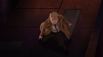 Movie still from “Justice League Dark: Apokolips War” (2020), directed by Christina Sotta – A man in a brown jacket and a tie; Wide shot, High angle