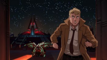 Movie still from “Justice League Dark: Apokolips War” (2020), directed by Christina Sotta – A man standing in front of an animated spaceship; Medium shot, Over the shoulder angle