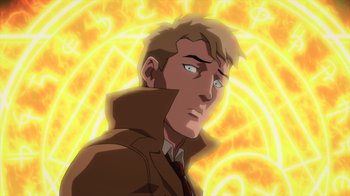 Movie still from “Justice League Dark: Apokolips War” (2020), directed by Christina Sotta – A man in a brown jacket is looking to his left; Close Up shot, Overhead angle