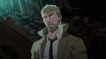 Movie still from “Justice League Dark: Apokolips War” (2020), directed by Christina Sotta – A man in a trench coat and a tie; Close Up shot, Over the shoulder angle