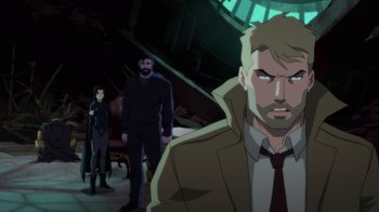 Movie still from “Justice League Dark: Apokolips War” (2020), directed by Christina Sotta – A group of people standing next to each other in a room; Medium shot, Over the shoulder angle