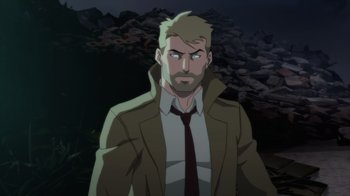 Movie still from “Justice League Dark: Apokolips War” (2020), directed by Christina Sotta – A man in a brown jacket and a red tie; Close Up shot, Over the shoulder angle