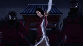 Movie still from “Justice League Dark: Apokolips War” (2020), directed by Christina Sotta – A woman is holding a sword in the dark; Medium shot, Over the shoulder angle