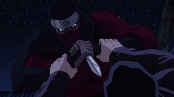 Movie still from “Justice League Dark: Apokolips War” (2020), directed by Christina Sotta – A man holding a knife in front of another man; Medium shot, Over the shoulder angle