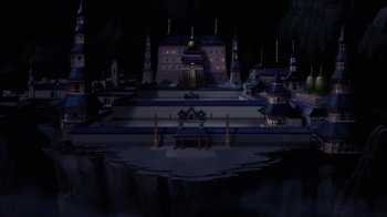 Movie still from “Justice League Dark: Apokolips War” (2020), directed by Christina Sotta – An image of an animated scene of a castle in the dark; Extreme Wide shot, High angle