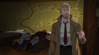 Movie still from “Justice League Dark: Apokolips War” (2020), directed by Christina Sotta – A man standing in front of a wall with an iron man on it; Medium shot, Over the shoulder angle