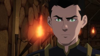 Movie still from “Justice League Dark: Apokolips War” (2020), directed by Christina Sotta – A man's face in front of a fire pit; Close Up shot, Over the shoulder angle