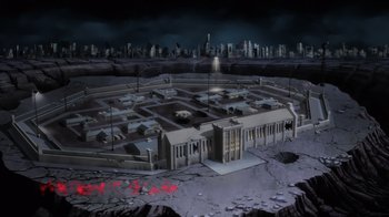Movie still from “Justice League Dark: Apokolips War” (2020), directed by Christina Sotta – An artist's rendering of an abandoned city; Extreme Wide shot, High angle