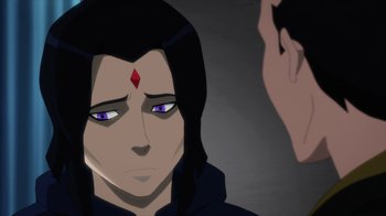 Movie still from “Justice League Dark: Apokolips War” (2020), directed by Christina Sotta – A woman with purple eyes looking at a man with black hair; Close Up shot, Over the shoulder angle