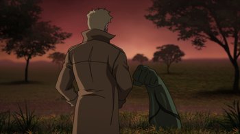 Movie still from “Justice League Dark: Apokolips War” (2020), directed by Christina Sotta – A man in a trench coat standing next to a statue; Medium shot, Over the shoulder angle