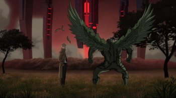 Movie still from “Justice League Dark: Apokolips War” (2020), directed by Christina Sotta – A man standing in front of a giant green creature; Wide shot, Over the shoulder angle