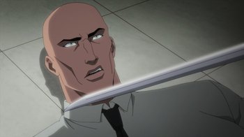 Movie still from “Justice League Dark: Apokolips War” (2020), directed by Christina Sotta – A bald man in a white shirt and a black tie; Close Up shot, Over the shoulder angle