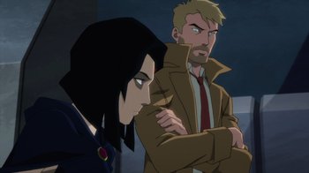 Movie still from “Justice League Dark: Apokolips War” (2020), directed by Christina Sotta – A man and a woman standing next to each other; Medium shot, Over the shoulder angle