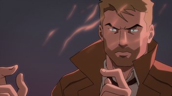 Movie still from “Justice League Dark: Apokolips War” (2020), directed by Christina Sotta – An animated picture of a man with his hand to his face; Close Up shot, Over the shoulder angle