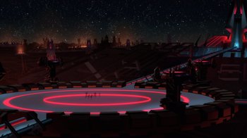 Movie still from “Justice League Dark: Apokolips War” (2020), directed by Christina Sotta – An arena with a red ring around it; Extreme Wide shot, High angle