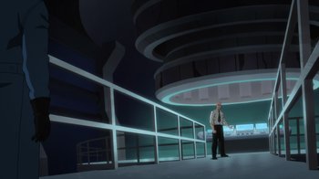 Movie still from “Justice League Dark: Apokolips War” (2020), directed by Christina Sotta – A man standing in front of a building with a railing around it; Extreme Wide shot, Low angle