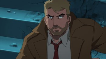 Movie still from “Justice League Dark: Apokolips War” (2020), directed by Christina Sotta – A person wearing a suit and tie; Close Up shot, Over the shoulder angle