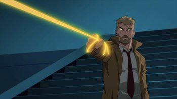 Movie still from “Justice League Dark: Apokolips War” (2020), directed by Christina Sotta – A man in a brown jacket and a red neck tie holding a laser beam; Medium shot, Over the shoulder angle