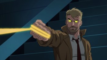 Movie still from “Justice League Dark: Apokolips War” (2020), directed by Christina Sotta – A man holding a yellow object in his hand; Medium shot, Over the shoulder angle