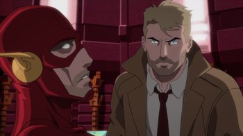 Movie still from “Justice League Dark: Apokolips War” (2020), directed by Christina Sotta – A man in a suit and tie next to another man in a suit and tie; Close Up shot, Over the shoulder angle